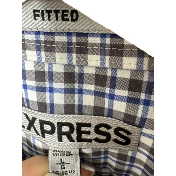 Express Fitted Gray & Blue Check Print Long Sleeve Button-Down Shirt Men's Large - Picture 5 of 6